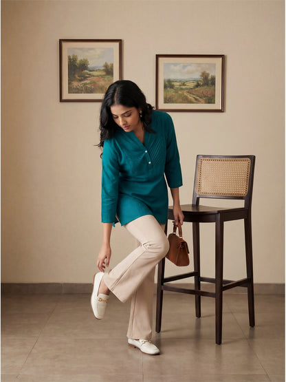 Dark Green Pleated Yoke Viscose Top