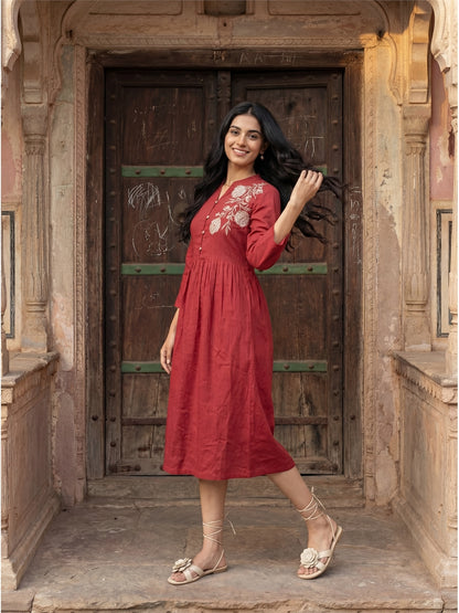 Red Embroidery Midi Dress
