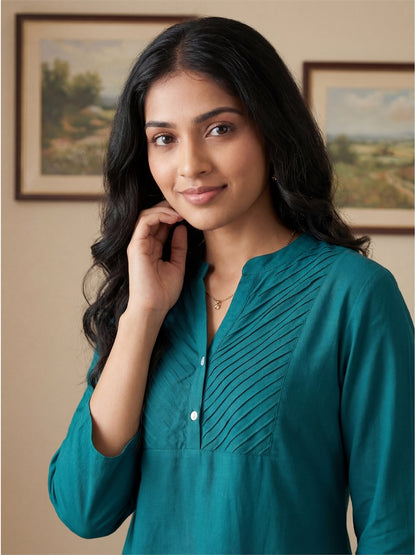Dark Green Pleated Yoke Viscose Top