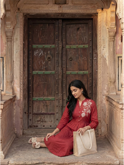 Red Embroidery Midi Dress