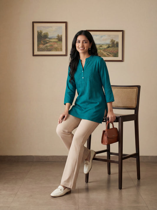 Dark Green Pleated Yoke Viscose Top