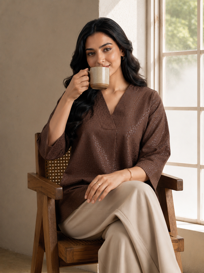 Brown Texture V Neck Top