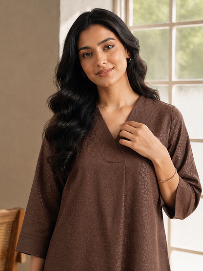 Brown Texture V Neck Top