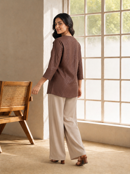 Brown Texture V Neck Top