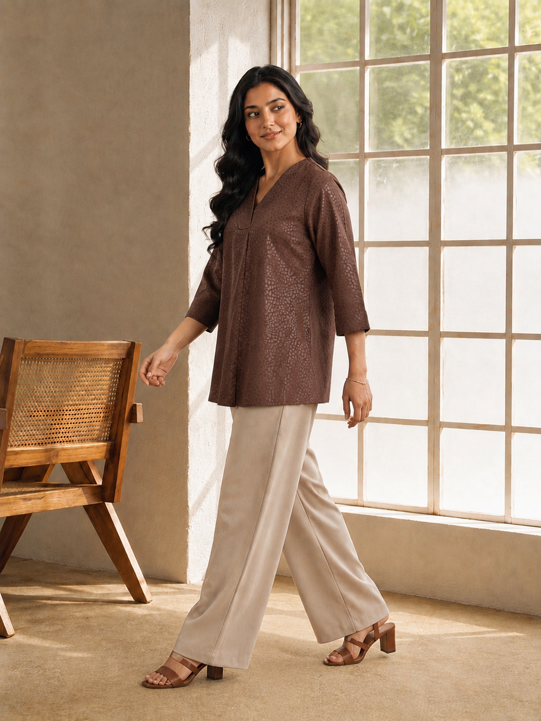 Brown Texture V Neck Top