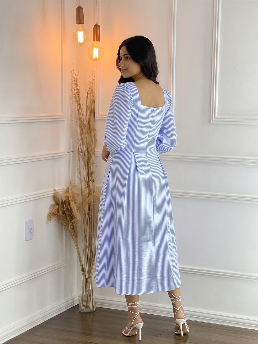 Blue & White Striped Square Neck Midi Dress