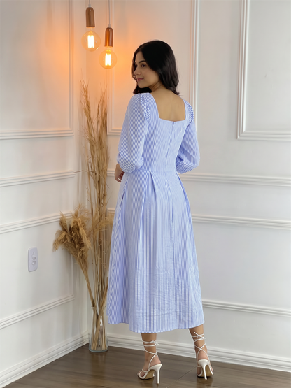 Blue & White Striped Square Neck Midi Dress