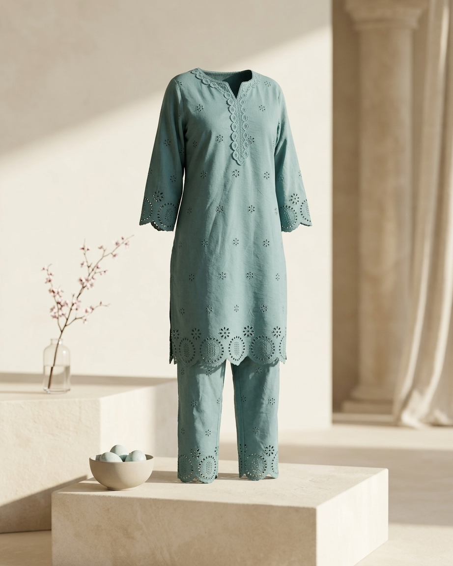 Teal Embroidered Cotton Kurta Set