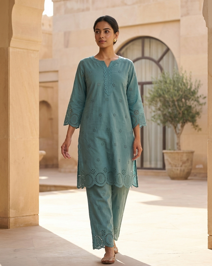 Teal Embroidered Cotton Kurta Set