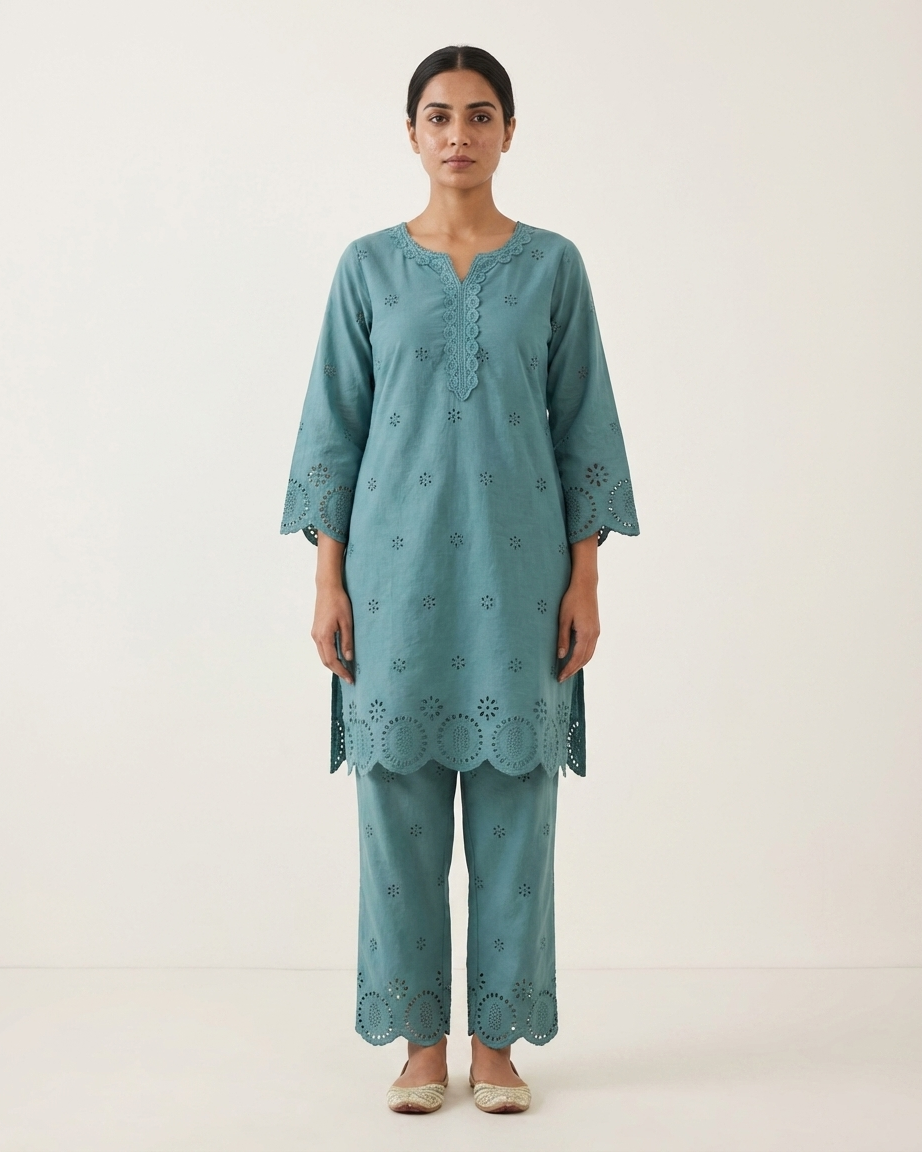 Teal Embroidered Cotton Kurta Set