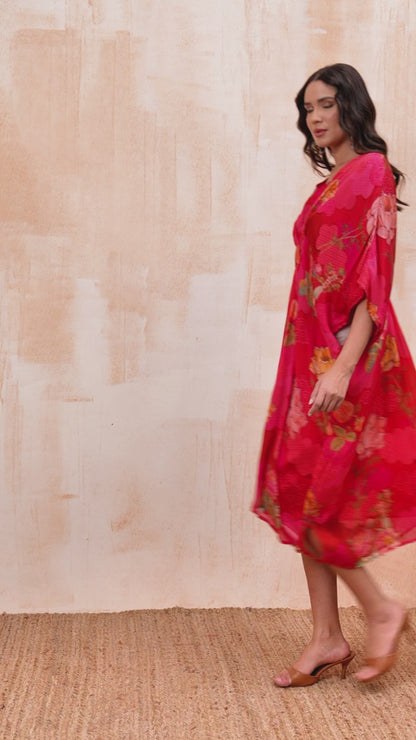 Pink Digital Floral Print Kaftan Midi Dress