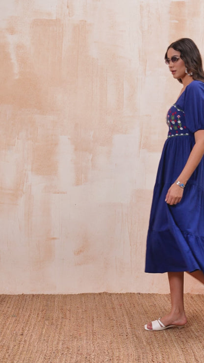 Blue Embroidered Tiered Midi Dress