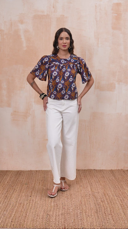 Blue Printed Peplum Top