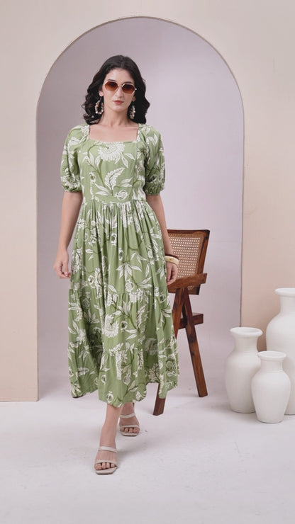 Green Floral Printed Smocked Tier Dress