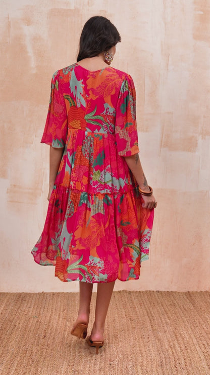Pink Digital Floral Print Midi Dress
