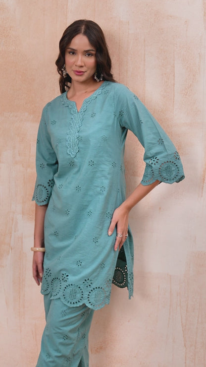 Powder Blue Schiffli Co-ord Set