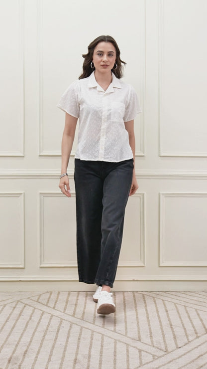 White Schiffli Button Down Top
