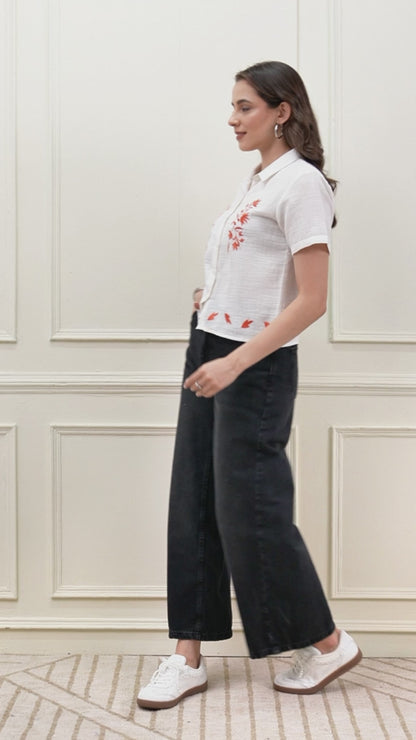 White Embroidered Button Down Top