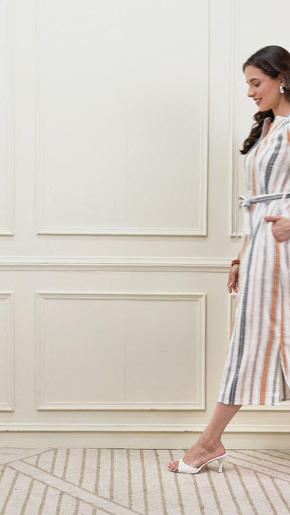 Multi Stripes Tie Waist Midi Dress