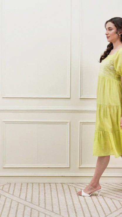 Lime Green Embroidered Tier Dress