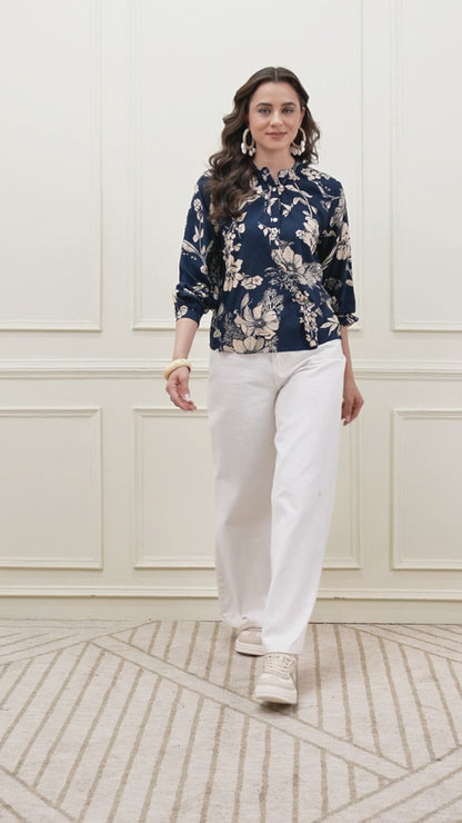 Navy Floral Printed Button Down Top