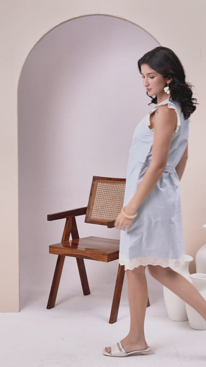 Powder Blue Striped A-Line Dress With Lace Trim