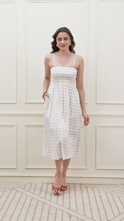 White Cotton Smocked Midi Dress