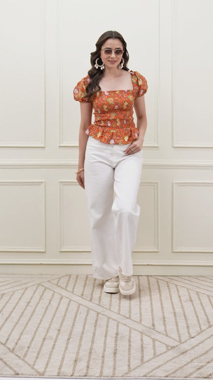 Orange Floral Printed Smocked Crop Top