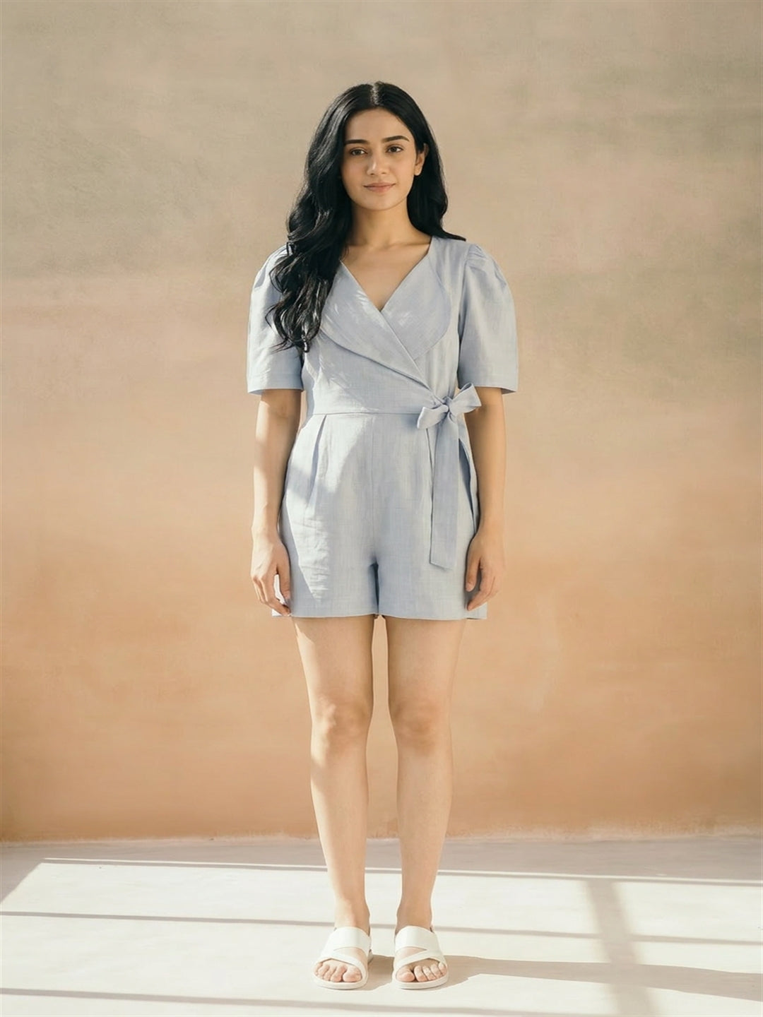 Powder Blue Puff-Sleeve Romper Dress