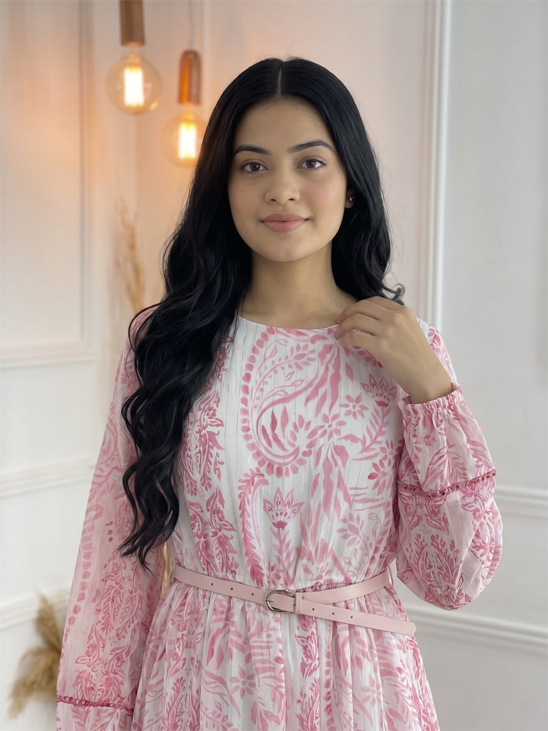 Pink Paisley Printed Long Sleeve Midi Dress