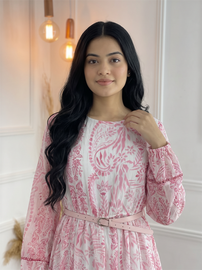 Pink Paisley Printed Long Sleeve Midi Dress